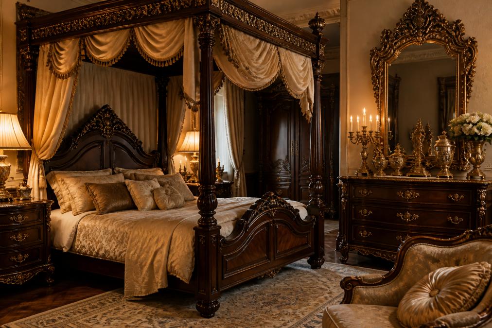 Elegantes barockes Schlafzimmer mit prunkvollem Himmelbett aus dunklem Holz, goldenen Accessoires auf der Kommode, aufwendigen Spiegelrahmen und Kerzenleuchtern, sanfte Beleuchtung schafft warme Atmosphäre