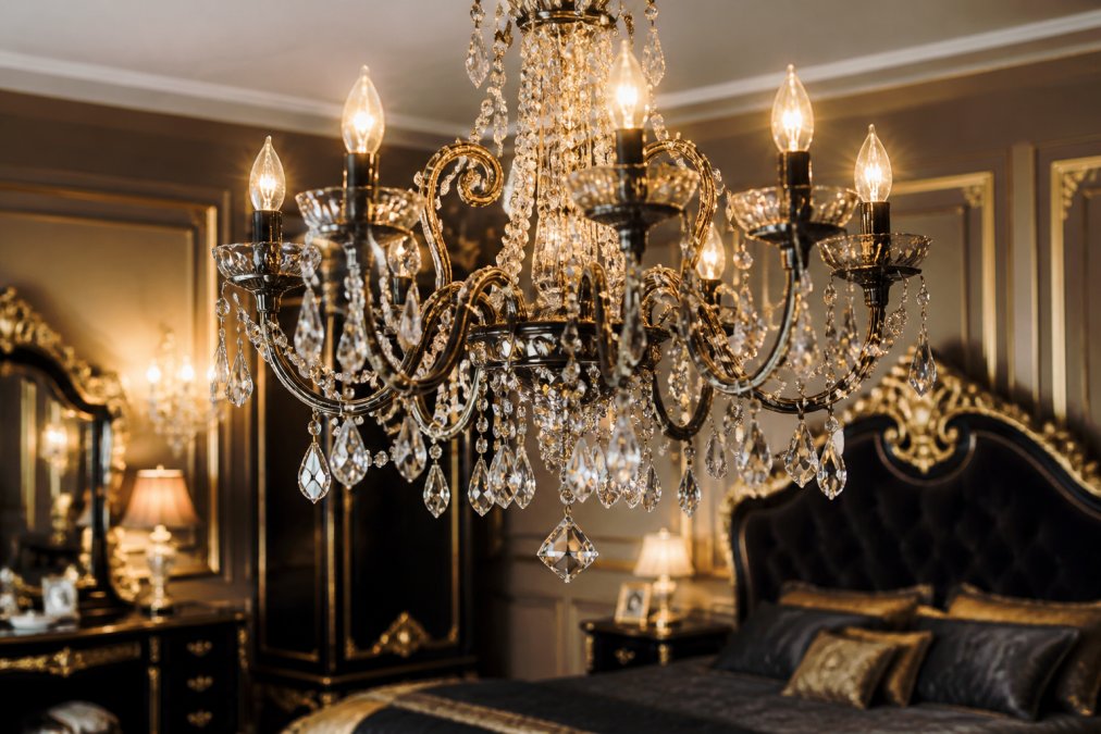 Detailaufnahme eines eleganten Kristall-Kronleuchters mit mehreren Armen in einem luxuriösen barocken Schlafzimmer, umgeben von geschwungenen dunklen Möbeln, warmes Licht bricht durch die Kristalle