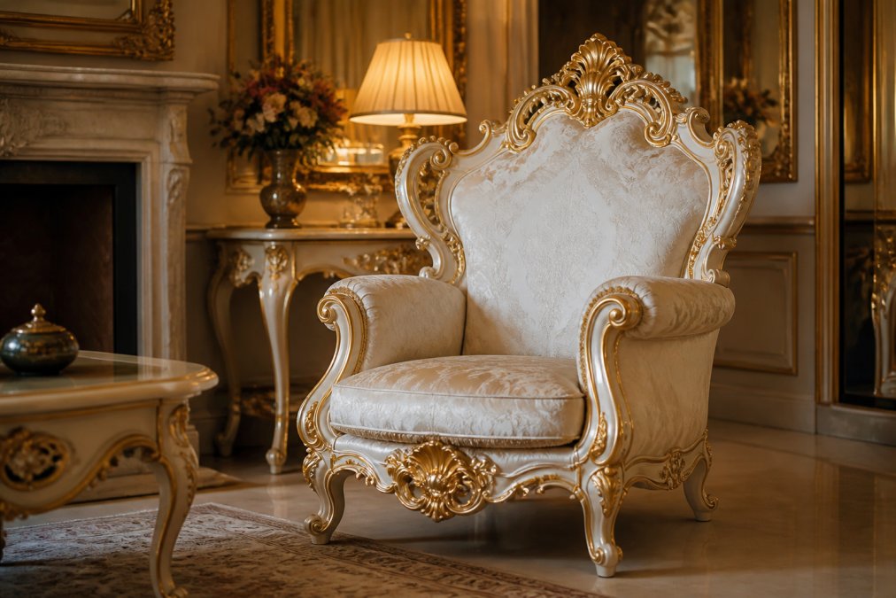 Handgefertigter Barock-Sessel in Weiß und Gold mit kunstvollen Schnitzereien und Muschelwerk-Ornamenten, positioniert in einem luxuriösen Wohnzimmer mit klassischen Elementen, gedimmter Beleuchtung und Spiegeln, die das Licht reflektieren