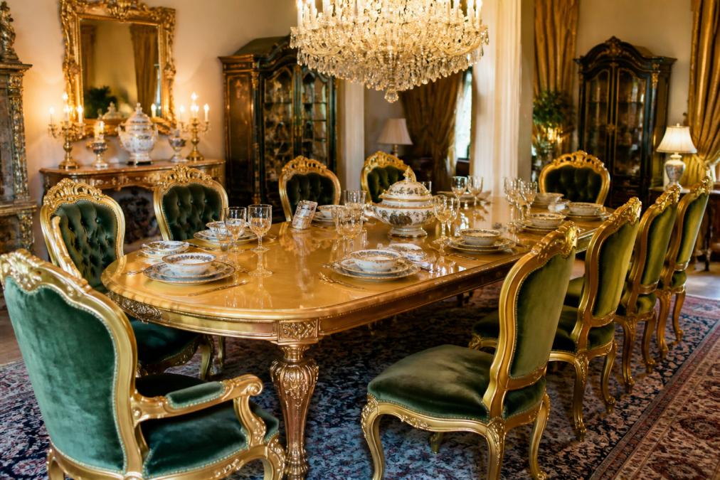 Elegantes Esszimmer mit mehreren barocken Samtmöbeln in Gold und Grün, aufwendig gedecktem Tisch mit feinem Porzellan, klassischen Kronleuchtern, warm beleuchtete Szene, die Opulenz und Raffinesse ausstrahlt