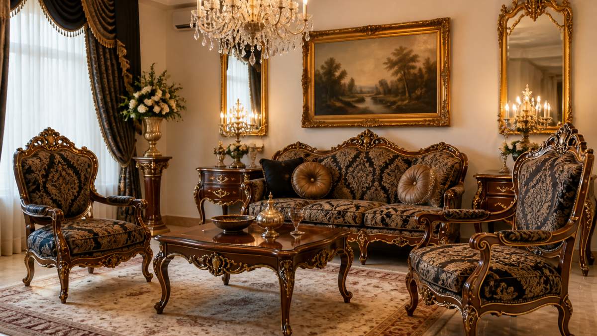 Elegantly furnished baroque living room with ornate wooden armchairs featuring intricate carvings, crystal chandelier, gold accents, and classical decorative elements in warm lighting