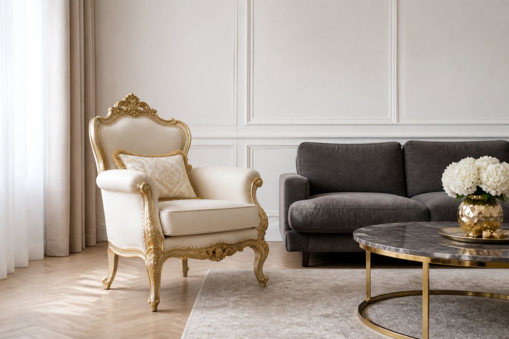 Elegantes modernes Wohnzimmer mit einem cremeweißen Barocksessel mit goldenen Verzierungen als Solitärstück vor minimalistischer weißer Wand, natürliches Licht von links, modernes graues Sofa im Hintergrund