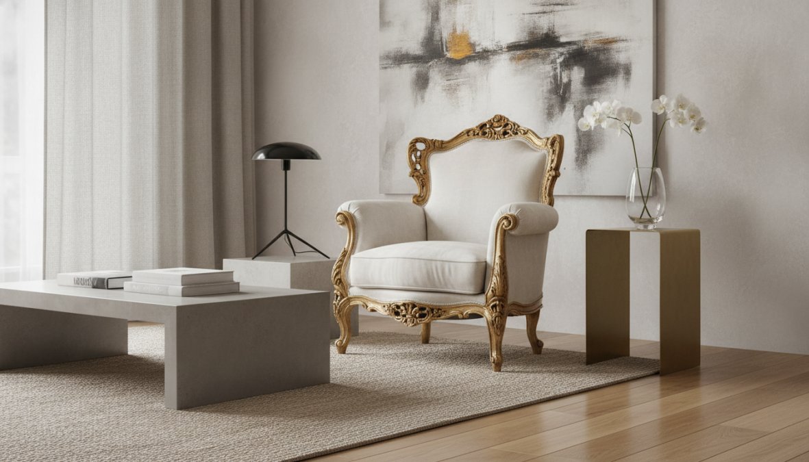 Elegantes Wohnzimmer mit klassischem Barock-Sessel in Cremeweiß oder Gold, kombiniert mit modernem minimalistischen Sofa und zeitgenössischen Accessoires auf hellem Parkett