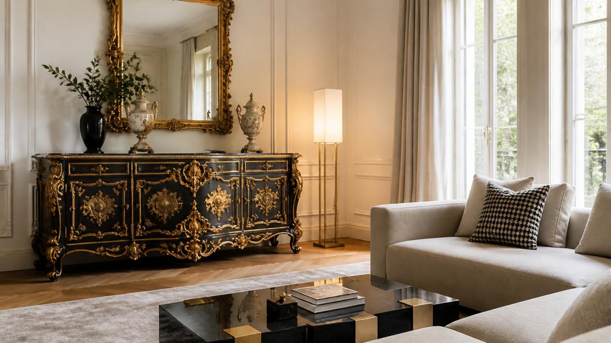 Ein geschnitztes Barockmöbel in einem modernen Wohnzimmer bei der stilvollen Barockmöbel Anpassung durch Kontraste.