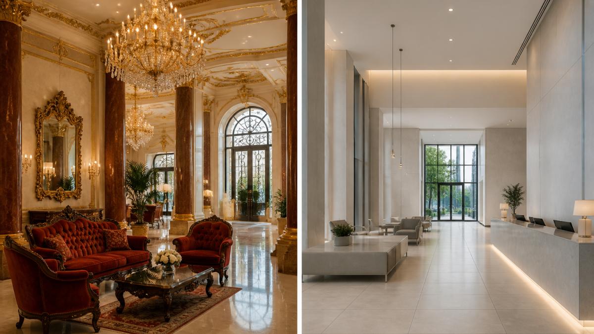 Kontrastreiche barockstil minimalismus hotellobby mit opulenten Details und modernem, reduziertem Design.