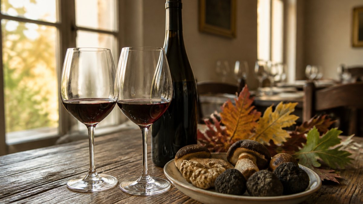 Två glas rött vin på ett rustikt träbord i en ljus matsal, med en flaska Nebbiolo och en tallrik med tryffel och svamp bredvid, varma höstfärger