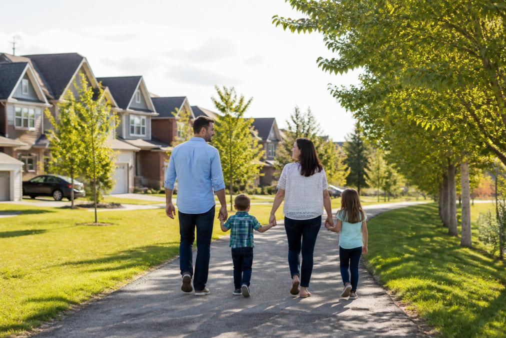 A family with two young children walking along a paved suburban trail lined with trees and detached homes in the background, bright afternoon light