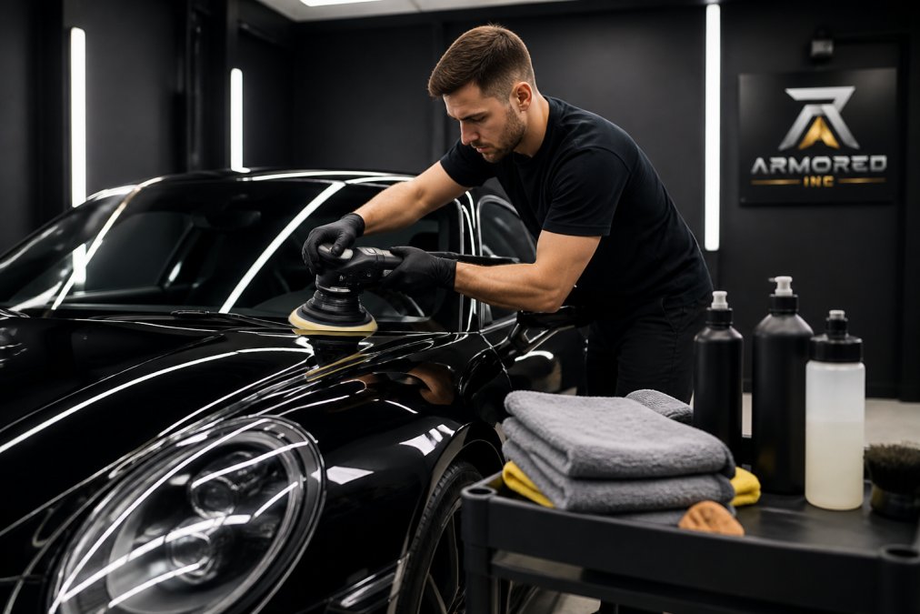 A professional detailer in nitrile gloves using a dual-action polisher on the glossy black hood of a sports car inside a well-lit detailing bay, with microfiber towels and polish bottles on a nearby cart
