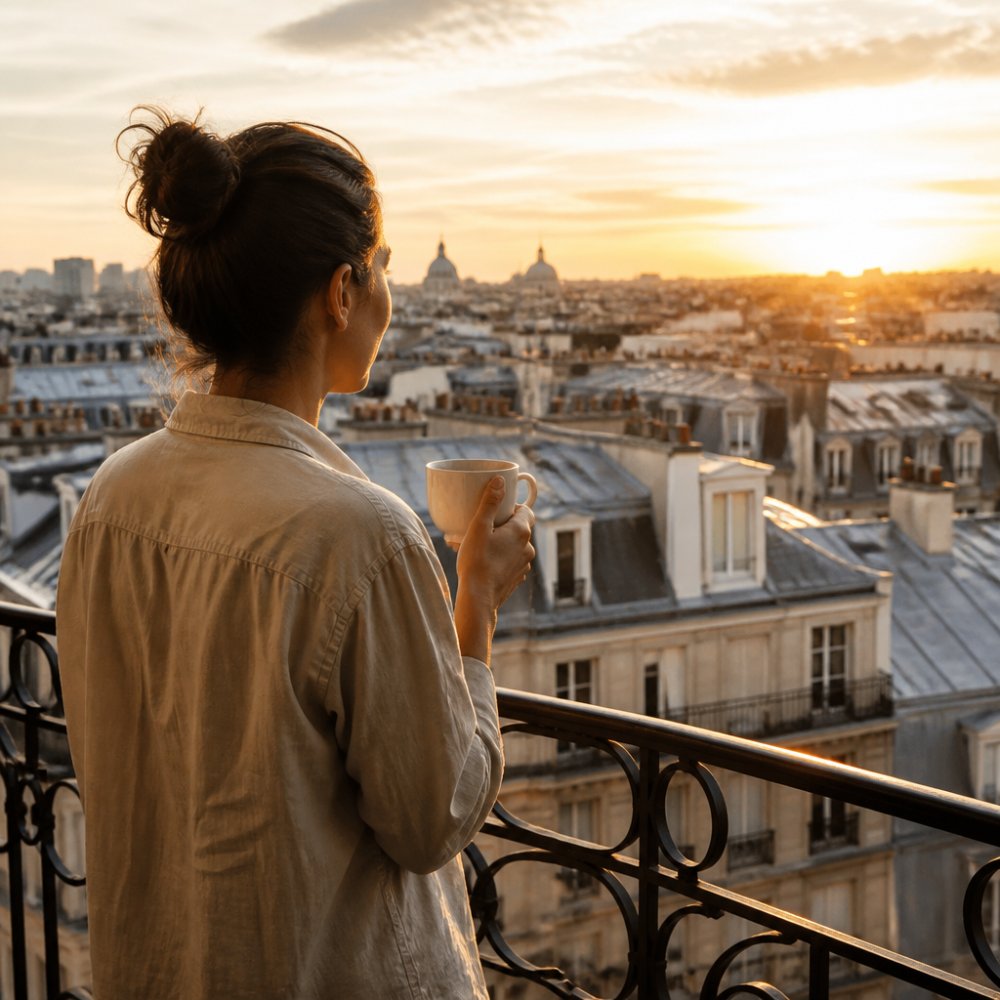 A traveler standing on a hotel balcony at sunrise, holding coffee, with city rooftops and warm morning light behind them