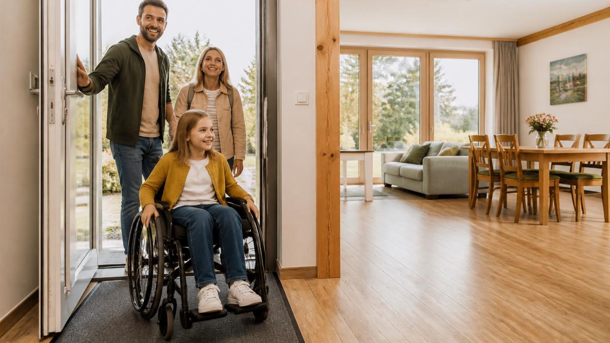 A family with a wheelchair user enters a bright, ground-floor vacation rental with a wide doorway; beyond it lies a spacious living area with hardwood floors and large windows overlooking the garden