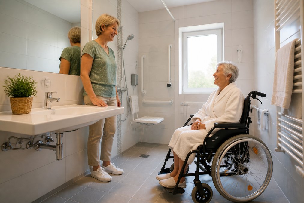 Helles, modernes Badezimmer einer Ferienwohnung mit Haltegriffen an der Wand, bodengleicher Dusche mit Duschsitz und unterfahrbarem Waschbecken, Tageslicht fällt durch ein Fenster auf die Fliesen