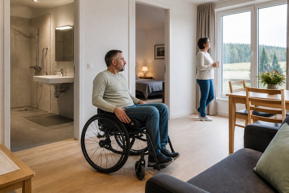 Bright, open vacation apartment with barrier-free access, a wide doorway, and a wheelchair-accessible sink in the bathroom; there is plenty of room for a wheelchair, and natural light streams in through a large window