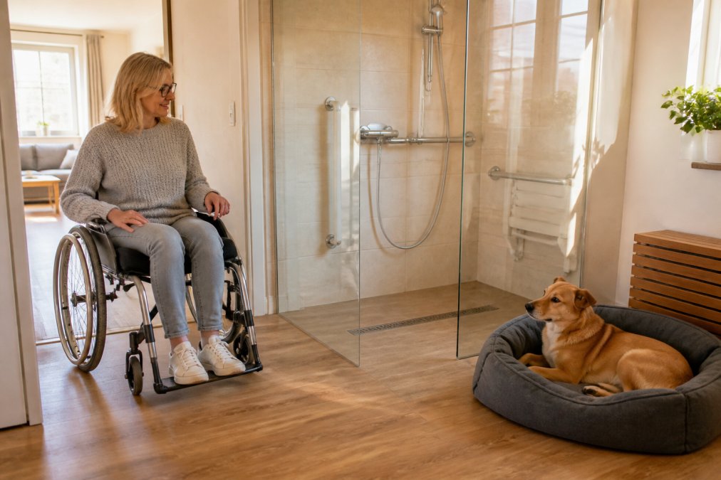Helle, freundliche Ferienwohnung mit breitem Türdurchgang ohne Schwelle, bodengleicher Dusche mit Glaswand und Haltegriff, daneben ein Hundekorb auf dem Holzboden, warmes Tageslicht fällt durch das Fenster