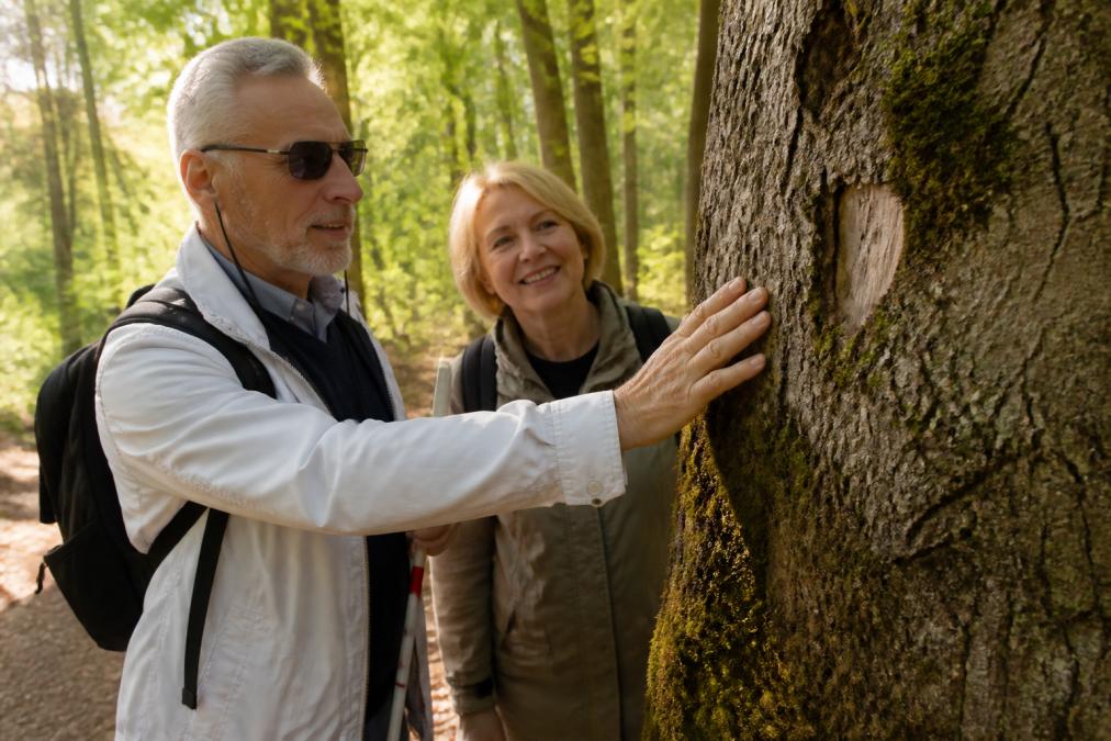 Eine Person mit Blindenstock ertastet vorsichtig die Rinde eines alten Baumes auf einem Waldweg, weiches Sonnenlicht fällt durch das Blätterdach, eine Begleitperson steht lächelnd daneben