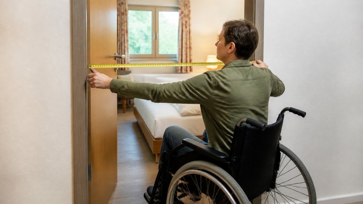 A person in a wheelchair uses a measuring tape to measure the clear width of an open room door in a bright, cheerfully decorated vacation rental