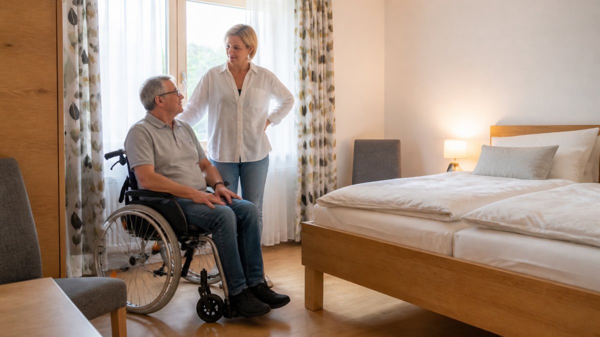 A bright, spacious bedroom with a wide bed, plenty of room to maneuver a wheelchair, generous living space, and modern furniture bathed in warm lighting