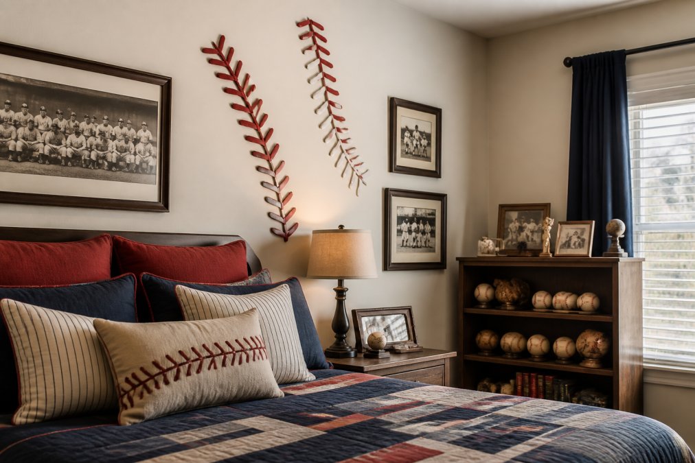 A finished sports-themed bedroom wall featuring layered baseball seam designs in red and white with subtle shading, vintage baseball memorabilia, framed team photos, and a wooden shelf displaying collectible baseballs arranged alongside the wall art