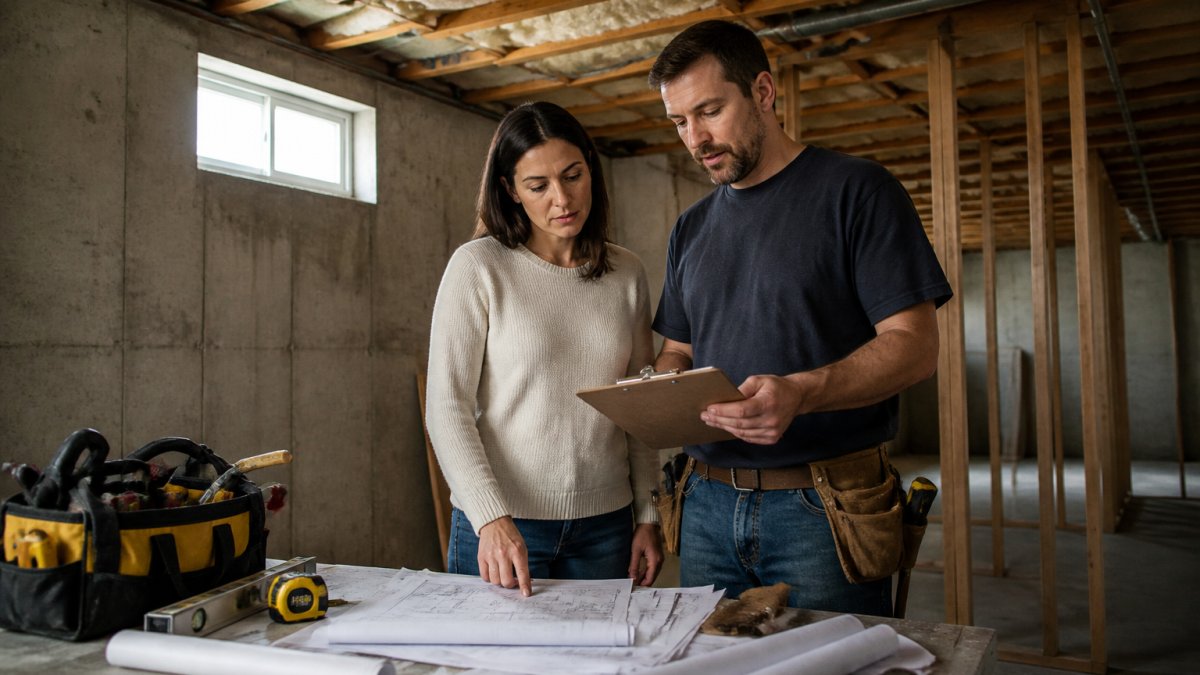 A homeowner and a contractor reviewing blueprints and a clipboard in an unfinished basement with concrete walls and exposed ceiling joists, natural light from a small window