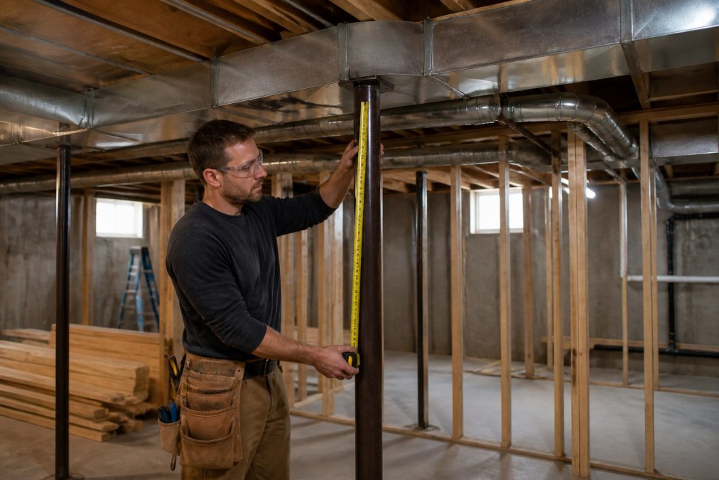 Contractor measuring a steel support post during a basement renovation with visible HVAC ducts and ceiling joists