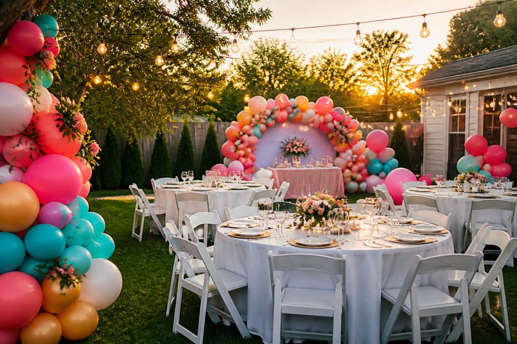 Colorful outdoor party setup with vibrant balloon decorations in clusters, white-draped tables with elegant centerpieces, and festive string lighting overhead at a backyard celebration during golden hour