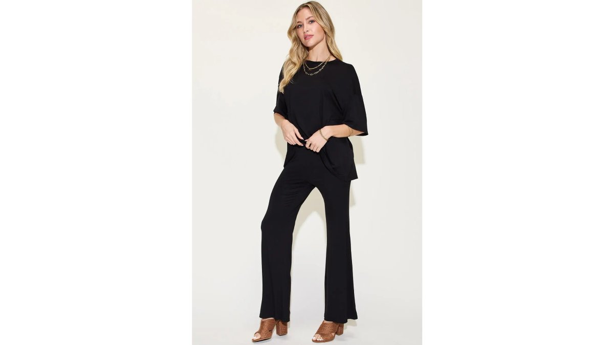 Basic Bae Full Size Bamboo Drop Shoulder T-Shirt and Flare Pants Set