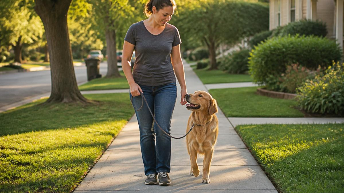 A person walking a calm adult dog on a loose leash along a suburban sidewalk, dog at the handler's side with slack in the line, late afternoon light