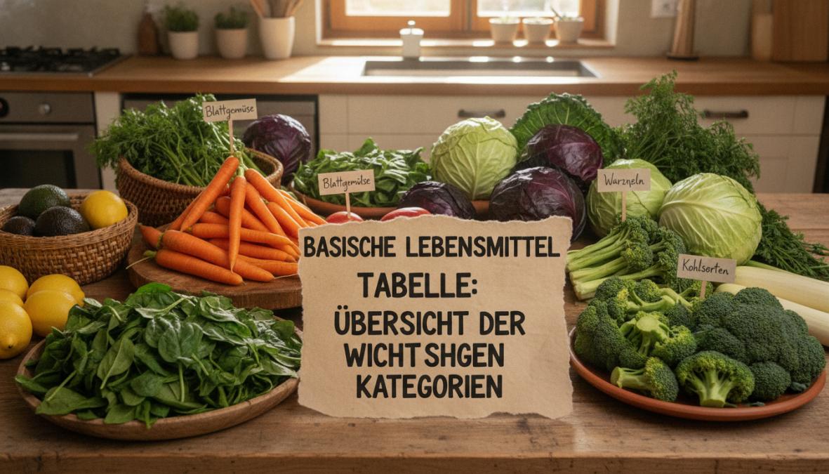 Frisches Gemüse als basische Lebensmittel wie Spinat, Karotten, Kohl und Brokkoli in einer farbenfrohen Anordnung auf Holz.