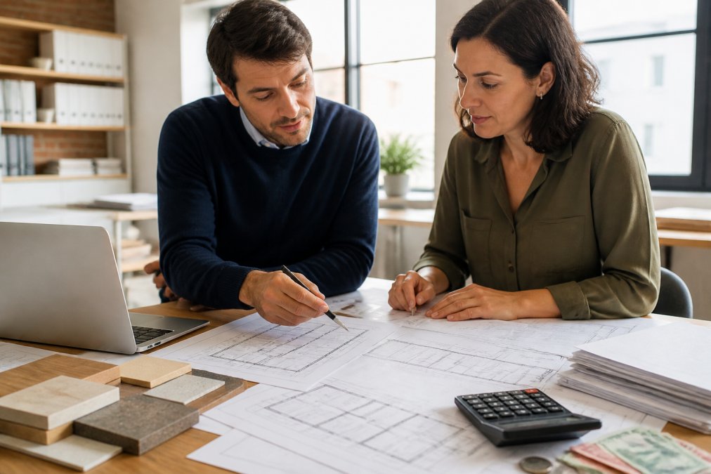 An architect and an energy consultant reviewing building floor plans and a laptop on a desk in a bright design studio, with samples and drawings spread out