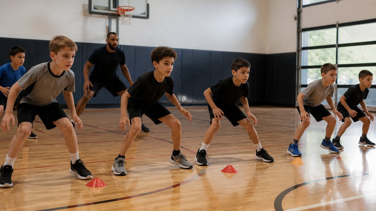 Young children performing lateral shuffle drills on a basketball court, with a coach demonstrating proper footwork and body positioning in the background