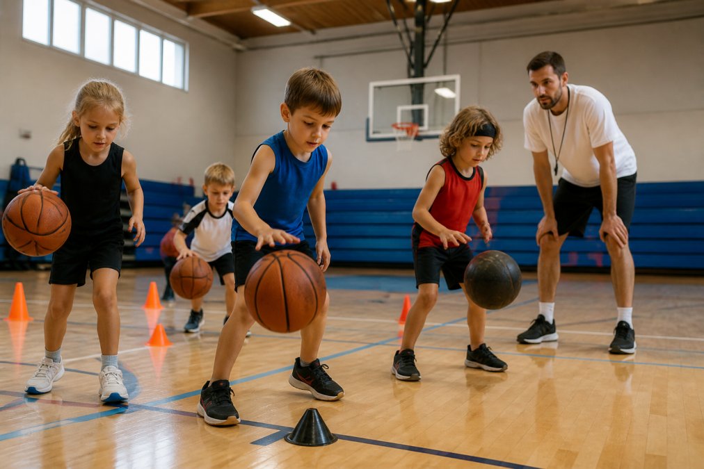 A group of young children (ages 5-7) in a bright gymnasium practicing ball-handling drills, dribbling basketballs of varying sizes while focused on their footwork, with a coach observing nearby