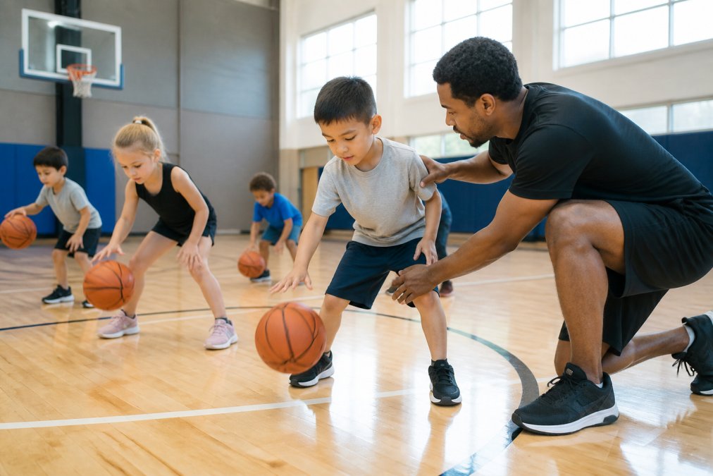 Young children aged 5 to 8 practicing dribbling drills with small basketballs on an indoor court, coach kneeling to guide one child's hand position, bright natural light, supportive atmosphere