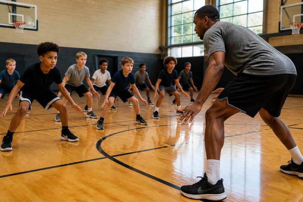 Young basketball players executing a defensive drill formation on the court while coach demonstrates proper footwork positioning during practice, with natural gym lighting illuminating the action