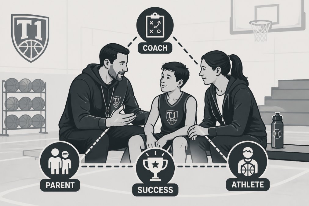 Coach speaking with a young player and parent on the sideline after practice, showing supportive conversation and collaborative engagement in a gym setting