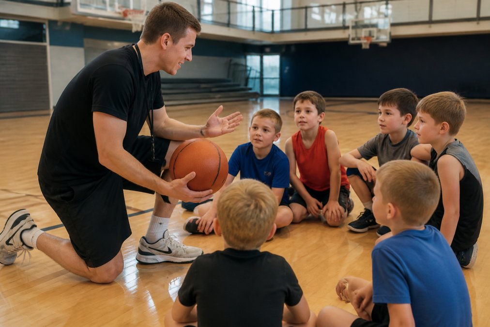 Young coach demonstrating a basketball drill to a group of children aged 6-8 in a semi-circle on an indoor court, watching and learning intently with focused expressions