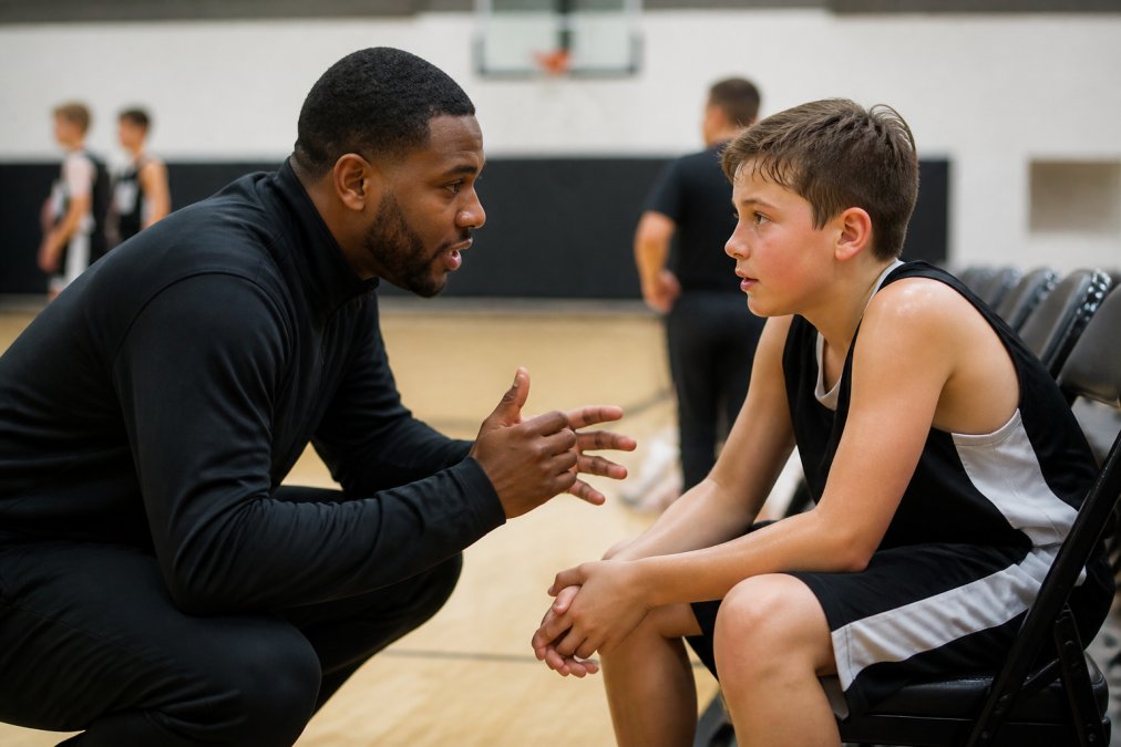 Coach having a one-on-one conversation with a youth player on the sideline during practice, showing positive mentorship and supportive body language