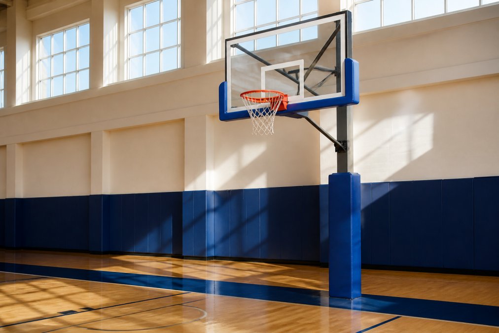 A bright school gymnasium with a basketball hoop featuring thick padded backboard protection and a full post sleeve, hardwood court below, natural light streaming through high windows