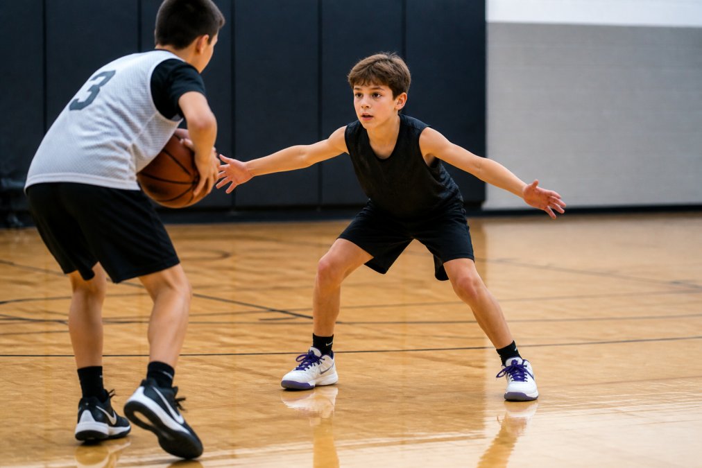 Young basketball player practicing defensive stance and basketball footwork to improve lateral movement