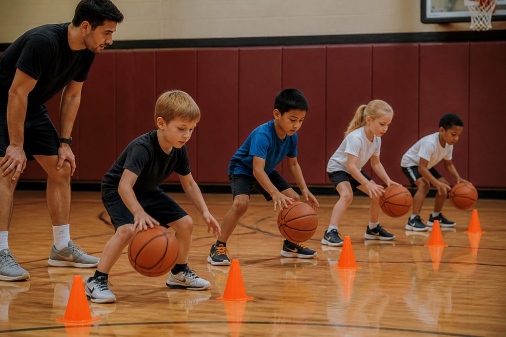 Young children (ages 6-8) performing a dribbling drill on an indoor basketball court, focused on hand-eye coordination and ball control with a coach observing from the side in natural gym lighting