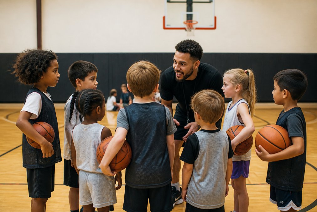 A diverse group of young basketball players (ages 5-10) in practice gear gathered on a court with a supportive coach, showing community and skill development in action with natural gym lighting