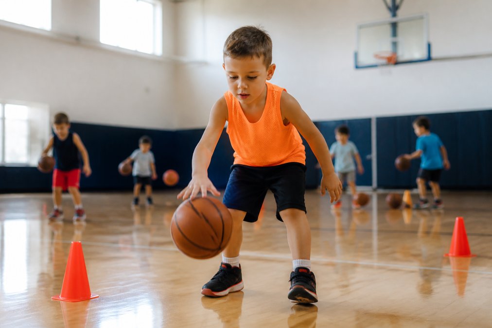 Young child in bright athletic wear dribbling a small basketball indoors during practice, with focused expression and proper hand positioning, other children visible playing in the background of a well-lit gymnasium