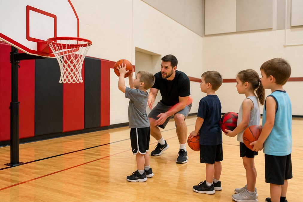 Adult coach or parent instructing small group of young children on proper shooting form near a lowered basketball hoop in bright gymnasium setting, demonstrating supportive and encouraging coaching atmosphere