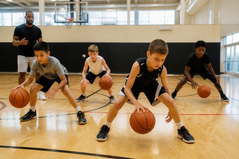Young basketball players of varying ages practicing fundamental dribbling drills in a bright gymnasium, coach providing instruction in the background