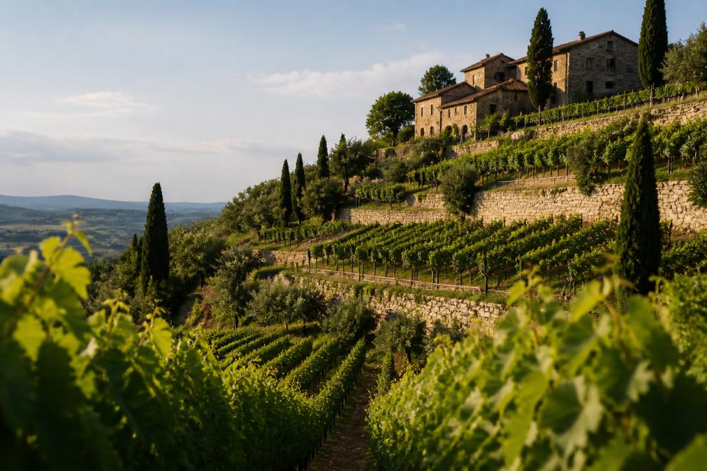 Italiensk vingård med terrasserade rader av druvor på en solig sluttning, med gamla stenar och traditionell arkitektur i bakgrunden