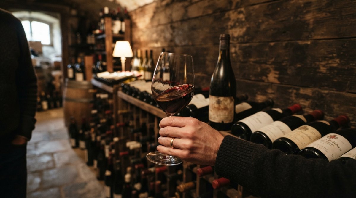 En hand som håller ett glas rödvin mot en rustik trävägg i ett vinkällarliknande rum, med dämpat ljus och en flaska i bakgrunden