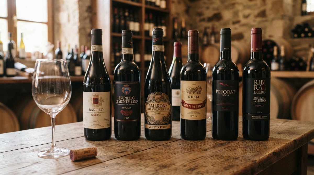 En rad utvalda vinflaskor från italienska och spanska producenter uppradade på ett träbord med stämningsfullt varmt ljus, ett tomt vinglas och en kork i förgrunden