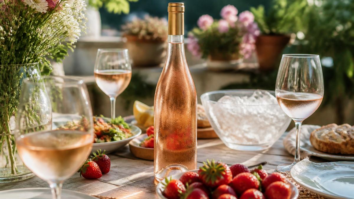 Ett bord dukat för sommarmiddag på en solig terrass, med kylda glas och en flaska ljusrosa rosévin, färska jordgubbar och en skål med is. Varma, inbjudande färger.
