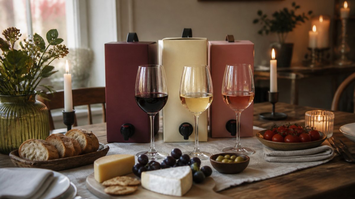 Dukat middagsbord med glas av rött, vitt och rosévin samt tilltugg i en hemtrevlig svensk miljö