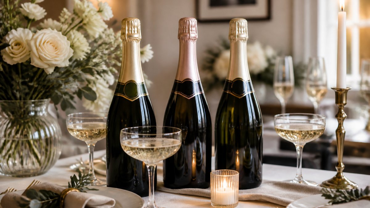 Tre eleganta champagneflaskor på ett festligt arrangerat bord med blomsterarrangemang och mjuk belysning