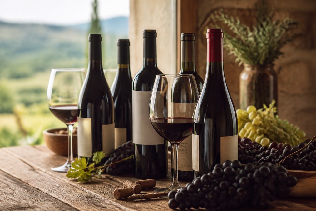 Närbild av italienska vinflaskor från små producenter på ett träbord med vinglas och druvor i bakgrunden, naturligt ljus från ett fönster