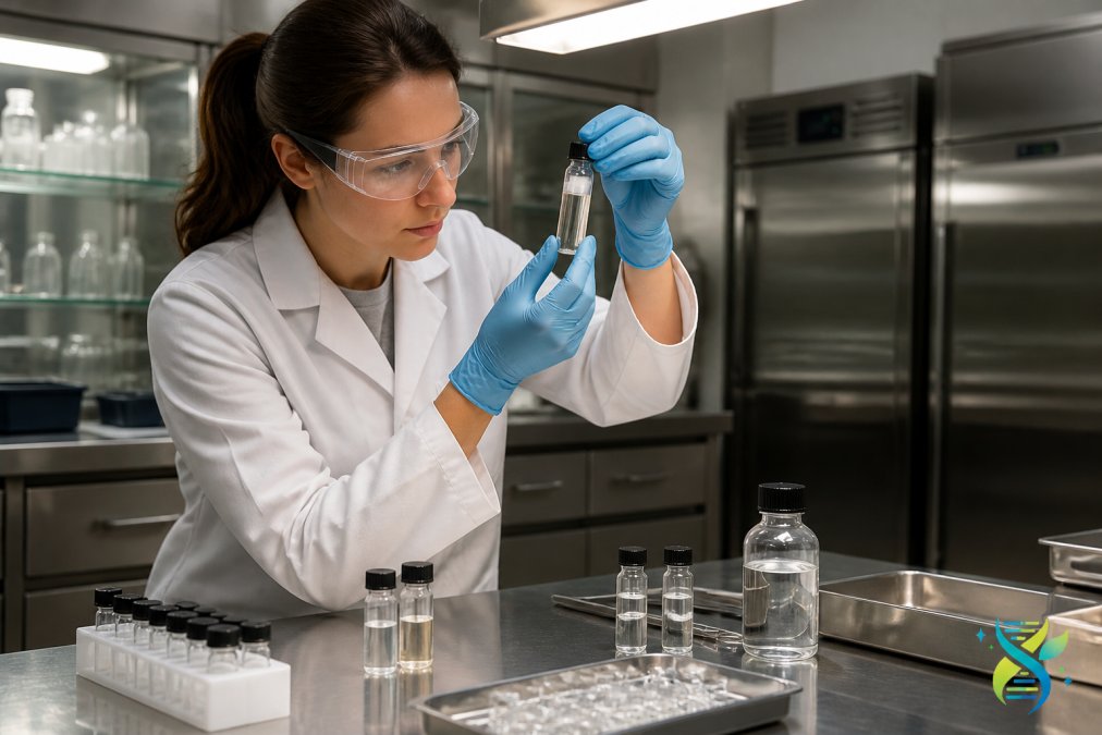 Laboratory technician carefully preparing peptide samples in glass vials, examining liquid under bright overhead lighting in a modern research facility with stainless steel equipment